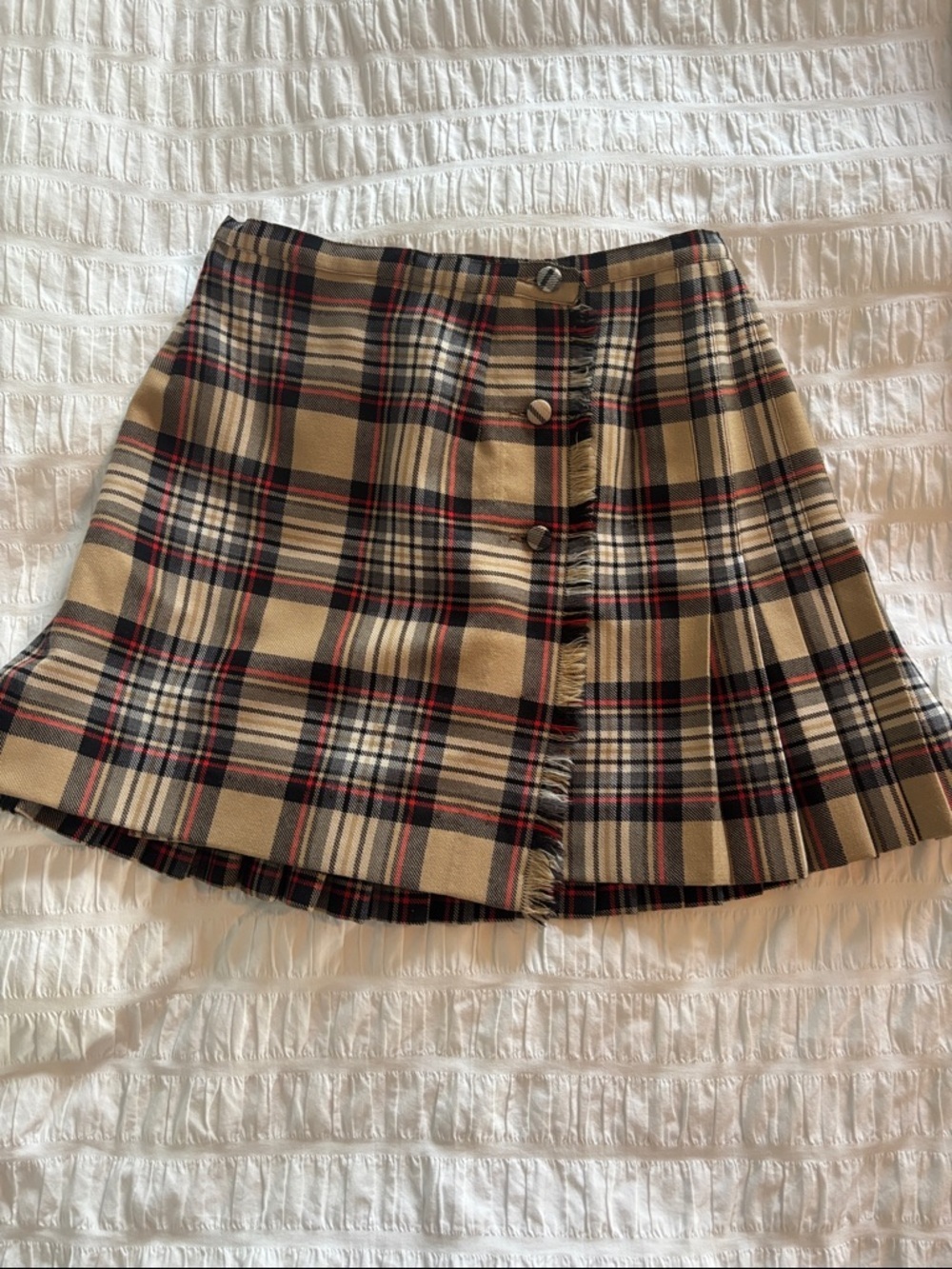 Vintage Aljean Canada Pure Virgin Wool Plaid Button-Front Kilt in Beige and Red